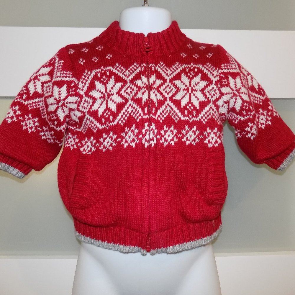 Janie And Jack Red/White Snowflake Jersey Lined Sweater Jacket Size 3/6 Months